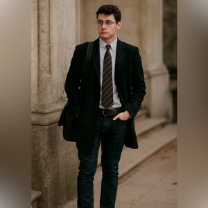 Men's Wool Blend Lined Long Black 2 Button Front Dress Coat Size XL